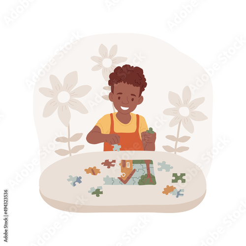 Solving puzzles isolated cartoon vector illustration. Toddler does simple puzzle, put pieces together, mental skills, problem-solving game, creative thinking, kindergarten vector cartoon.