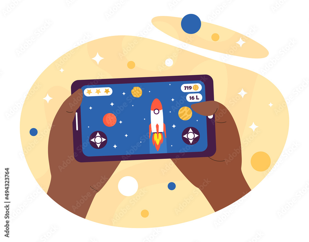 Gamer touching smartphone. Hands launch rocket and phone applications. Teenager having fun and relaxing after lessons. Modern technologies and digital world. Cartoon flat vector illustration Gamer touching smartphone. Hands launch rocket and phone applications. Teenager having fun and relaxing after lessons. Modern technologies and digital world. Cartoon flat vector illustration