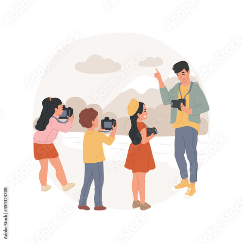Photography class isolated cartoon vector illustration. Art after school class, photography summer camp, PA day program, imagination development, child making picture, education vector cartoon.