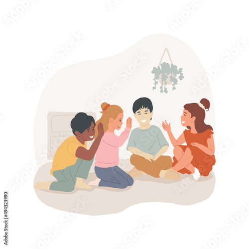 Telephone game isolated cartoon vector illustration. Group of children plays telephone game, chinese whispers, communication skills development, before and afterschool program vector cartoon.