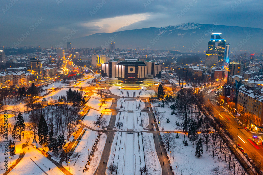 Obraz na płótnie Sunset aerial view of the National Palace of Culture in Sofia, Bulgaria. w salonie