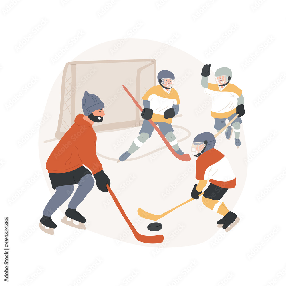 Obraz premium Ice hockey camp isolated cartoon vector illustration. Ice hockey day camp, PA program, competitive winter sport for children, junior team training, daycare center, after school vector cartoon.