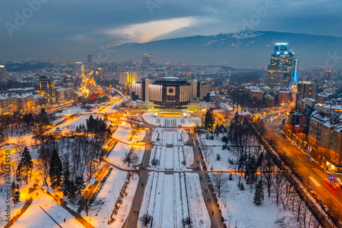Sunset aerial view of the National Palace of Culture in Sofia, Bulgaria.