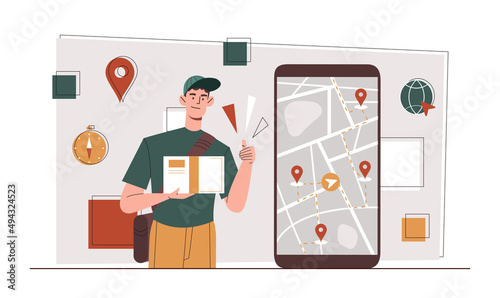 Fast delivery concept. Man with box in his hands in smartphone. Delivery on home and online shopping. Convenient and comfort service and innovation, globalization. Cartoon flat vector illustration