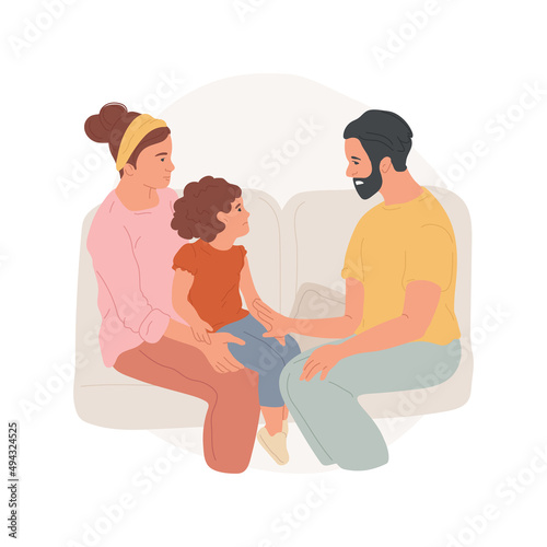 Telling a child about divorce isolated cartoon vector illustration. Telling kid about divorce, couple separation, sad child sitting on a sofa between parents, family problem vector cartoon.
