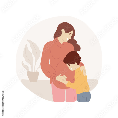 Getting pregnant with second child isolated cartoon vector illustration. Kid hugging mom with big belly, woman pregnant with second child, happy family life, expecting a baby vector cartoon.