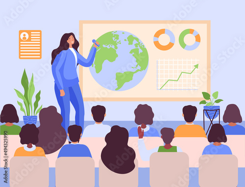 Confident speaker concept. Oratory and public speaking. Girl tells information to employees. Graphs and diagrams, work with statistics and analytical department. Cartoon flat vector illustration