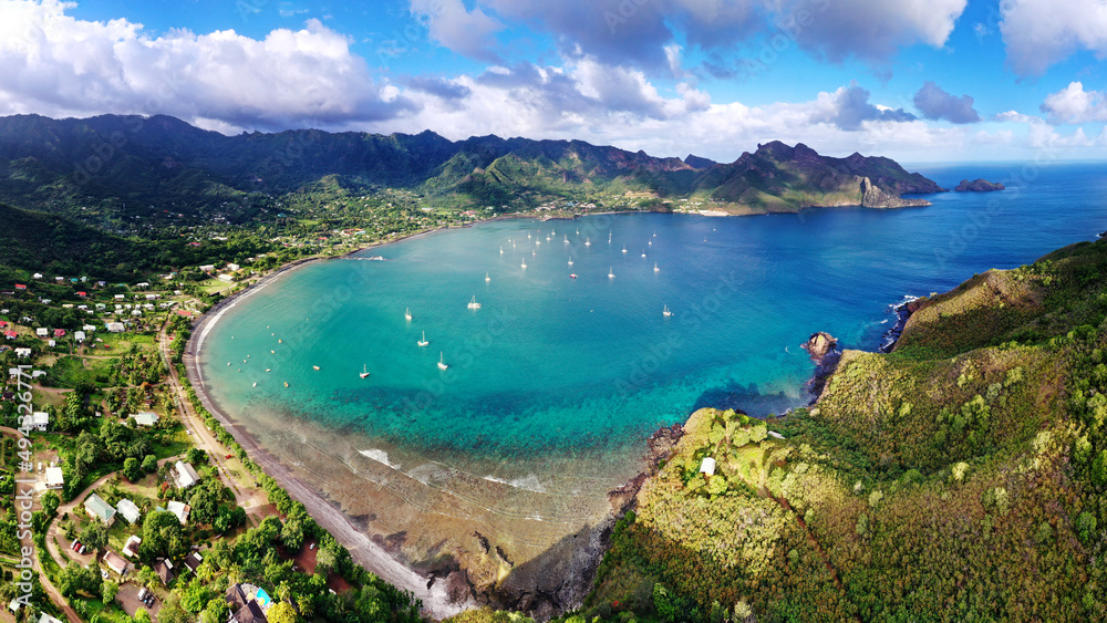 vue aérienne de la vallée de TAIOHAE ile de NUKU HIVA ARCHIPEL DES MARQUISES polynesie francaise