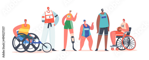 Paralympic Athletes, Disabled Sportsmen and Sportswomen Characters on Wheelchair. with Bionic Leg Prosthesis