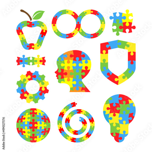 Autism Awareness Day. Set of design elements. Colorful puzzle vector. Apple fruit, infinity, four part pieces, pattern, gear circle, child head, shield, world globe, spiral  and light bulb symbols.