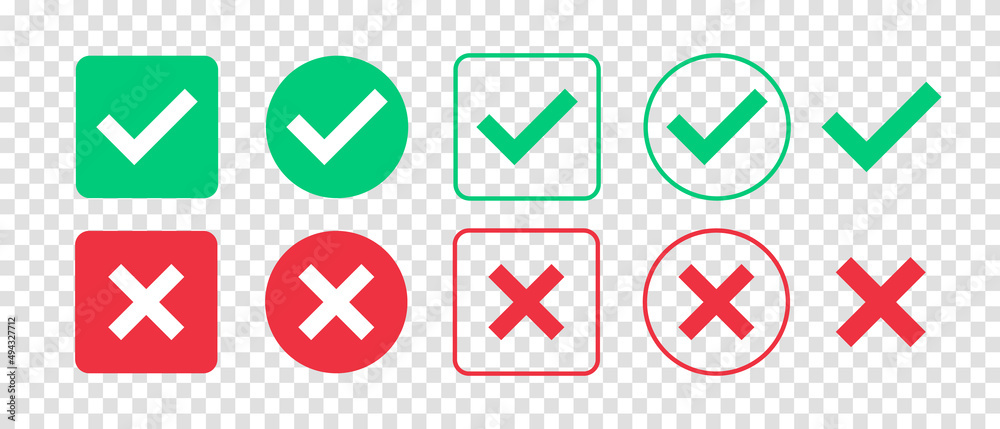 Green check mark and red cross mark icon set. Isolated tick symbols. Checklist signs. Approval badge. Flat and modern checkmark design. Vector illustration Green check mark and red cross mark icon set. Isolated tick symbols. Checklist signs. Approval badge. Flat and modern checkmark design. Vector illustration