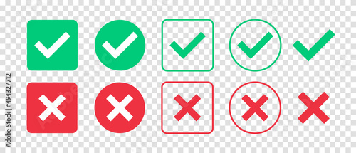 Green check mark and red cross mark icon set. Isolated tick symbols. Checklist signs. Approval badge. Flat and modern checkmark design. Vector illustration