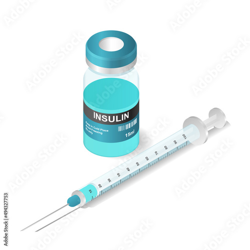 Concept of insuline. Syringe with medicinal substance. Health care and medical preparations. Poster or banner for medical website. Healing liquid blue jar. Cartoon isometric vector illustration