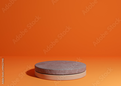 Neon orange, bright red 3D rendering simple product display, natural minimal background with cylinder podium stand made out of concrete and wood for nature products