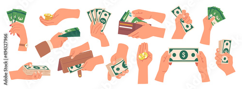 Set of Hands Holding Money, Human Palms Collection With Cash, Gold Coins, Wallet Full of Banknotes, Paper Dollar Bills