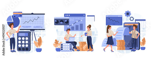 Characters manage finances. People calculating and analyzing personal or corporate budget, managing financial income, consulting with accountant. Flat cartoon vector illustration and icons set.
