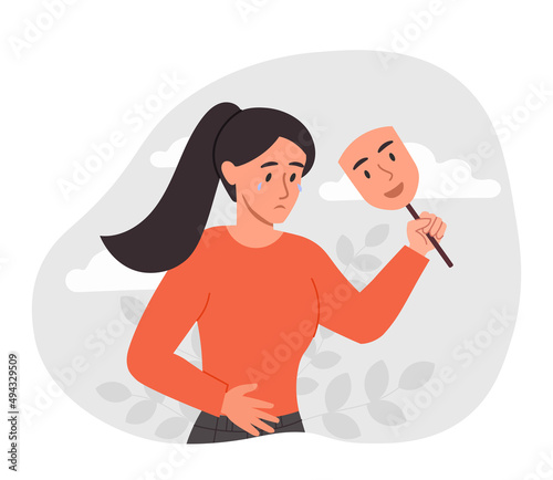 Sad woman with mask. Girl pretends, fake emotions. Young character crying, stress and panic. Internal problems and mental health. Depression and frustration. Cartoon flat vector illustration