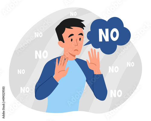 Concept of refusal. Man holds out his hands and says no, character denies facts. Dispute and disagreement. Graphic poster or banner for website, failed negotiations. Cartoon flat vector illustration