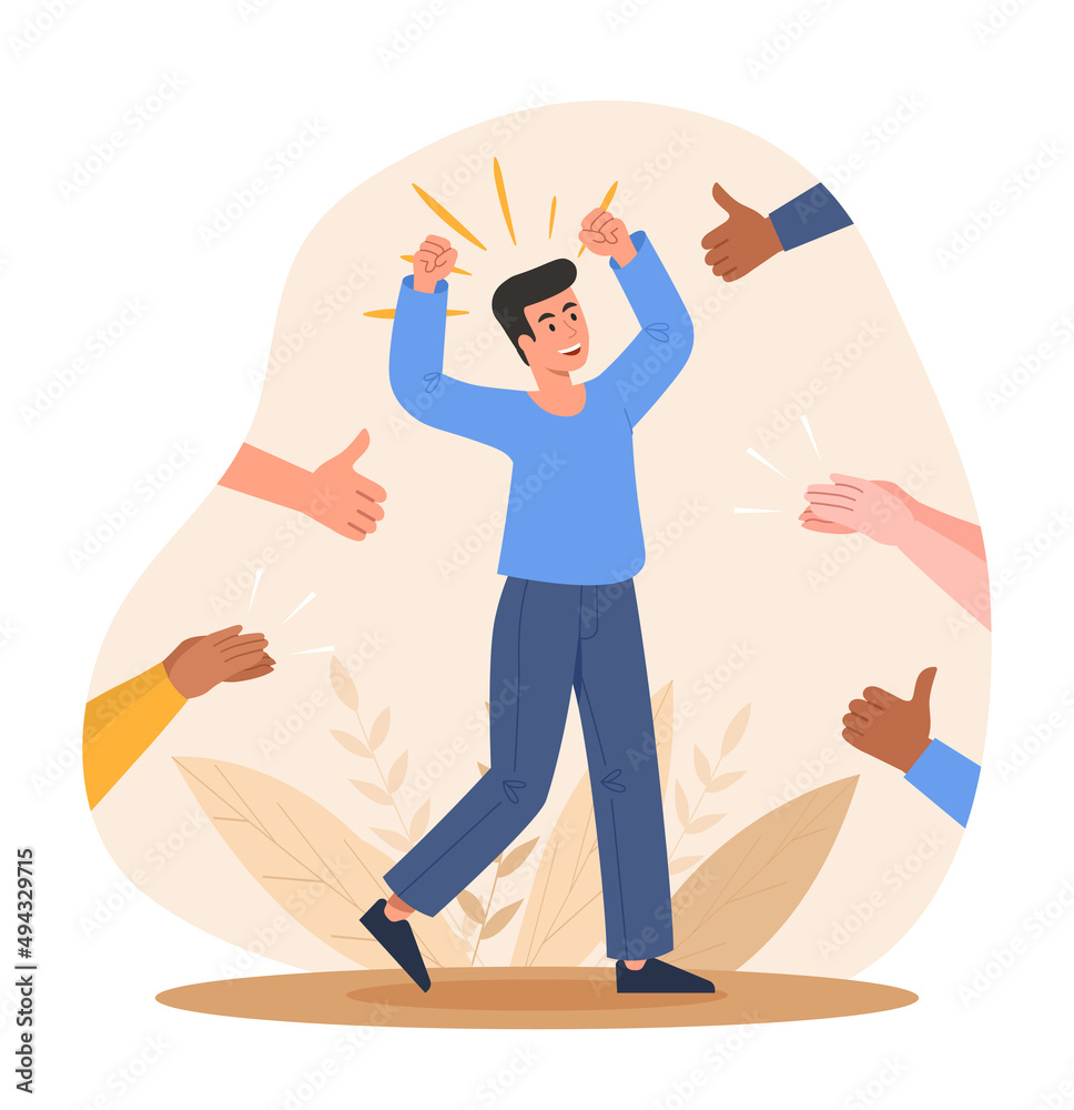 Positive feedback concept. Man rejoices against background of raised fingers. Endorsement, popular personality and appreciation. Graphic elements for website. Cartoon flat vector illustration