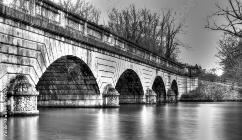 Old stone Chertsey Bridge in black and white photo