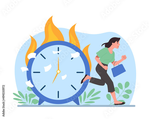 Businesswoman with burning clock. Deadline metaphor, girl going through. Responsible employee, poor management. Rushing hurry to get on time. Fire and flame. Cartoon flat vector illustration