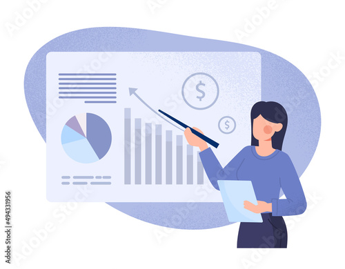 Woman speaker makes presentation. Young girl next to graphs and charts, employee of analytical department. Annual report, revenue growth and company development. Cartoon flat vector illustration