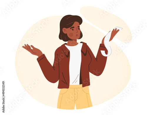 Shocked person concept. Young girl with check in her hands, financial literacy and rising prices. Crisis and problems, poverty. Character holding paper receipt. Cartoon flat vector illustration