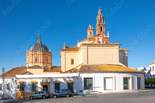 View from the Puerta de Sevilla castle roundabout of the dome and tower of the Church of San Pedro in the Andalusian town of Carmona, Spain.