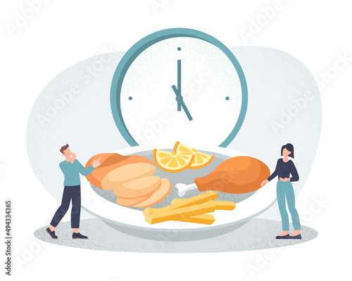 Balancing daily meals. Man and girl make up diet, healthy nutrition. Balance, proteins, fats and carbohydrates. Persons next to clock and plate with variety of food. Cartoon flat vector illustration