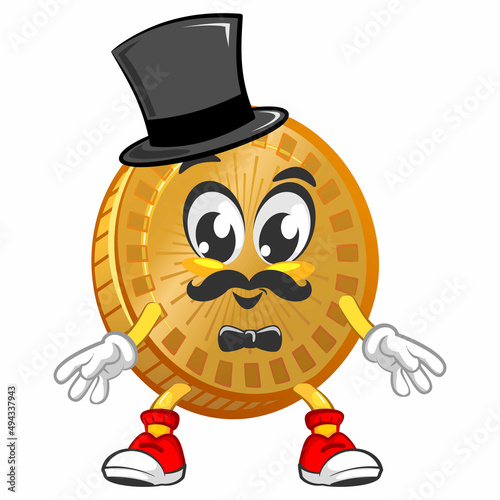 vector cartoon illustration of cute coin mascot with mustache, bon tie and long hat