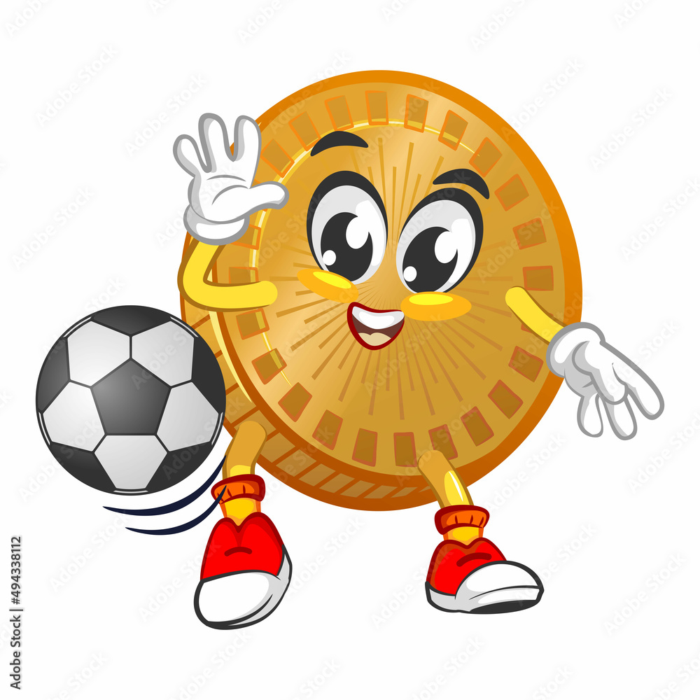 vector cartoon illustration of cute coin mascot playing soccer 