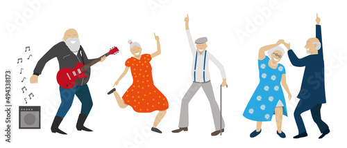groupe de personnes âgées à la retraite qui s'amusent, qui dansent et qui font la fête. L'un d'eux joue de la guitare électrique. Illustration fun et amusante sur fond blanc photo
