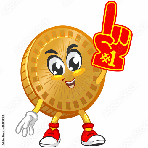 vector cartoon illustration of cute coin mascot with foam finger point up