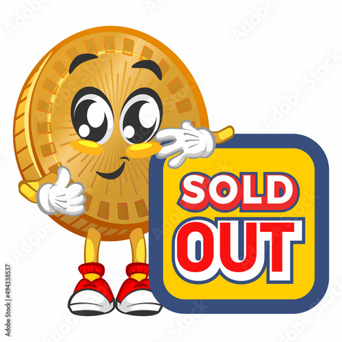 vector cartoon illustration of cute coin mascot with sigh board say sold out