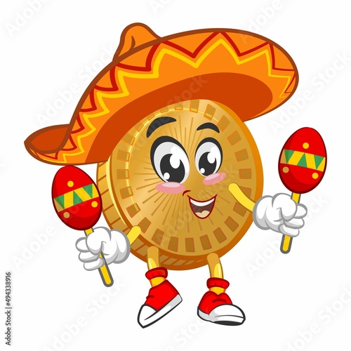 Vector mascot  cartoon and illustration of a coin wearing sombrero with playing maracas