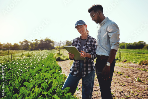 Just take a look at these growth figures. Cropped shot of two young farmers looking at a tablet while working on their farm.