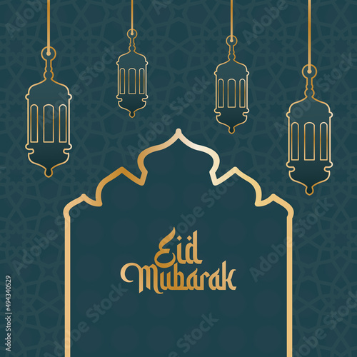 Islamic greeting card background with green detail decorated with Islamic art ornaments. Vector illustration.