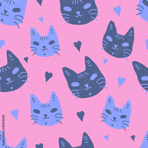 Funny kitty faces and hearts.. Seamless vector pattern for printing on gift paper, fabric, postcards