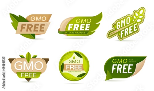 GMO free food vector icons or non genetically modified organism labels with green leaves and origami paper signs. Organic farm natural and healthy vegan meal, eco and bio product isolated symbols