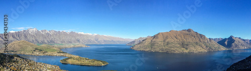 Scenic view of Lake Wakatipu on a sunny day in Skyline Queenstown, New Zealand