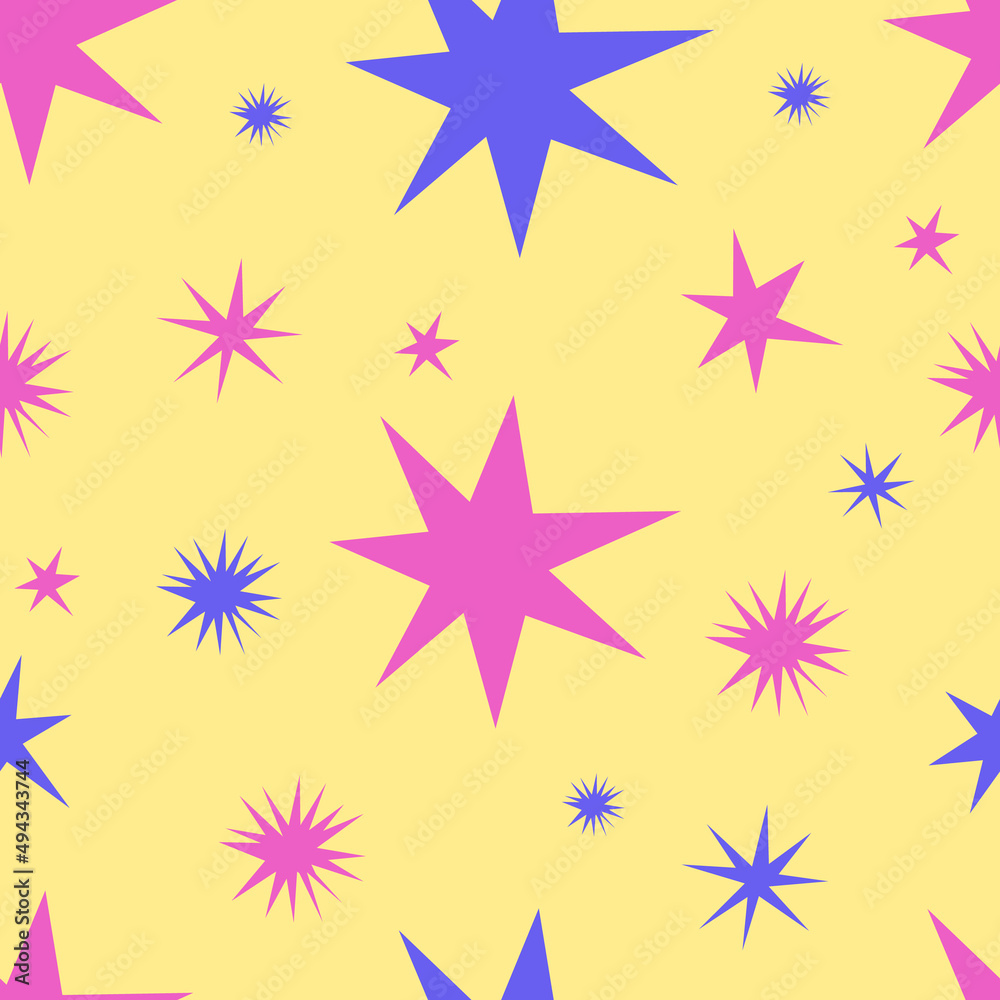 Stars and blots in abstract style on a yellow background. A bright holiday. Seamless vector pattern for printing on fabric, gift paper, wallpaper, postcards Stars and blots in abstract style on a yellow background. A bright holiday. Seamless vector pattern for printing on fabric, gift paper, wallpaper, postcards