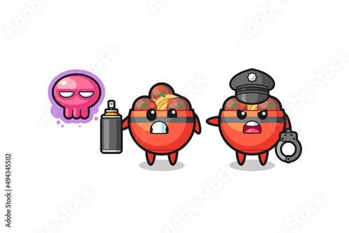 meatball bowl cartoon doing vandalism and caught by the police