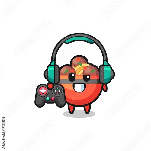 meatball bowl gamer mascot holding a game controller