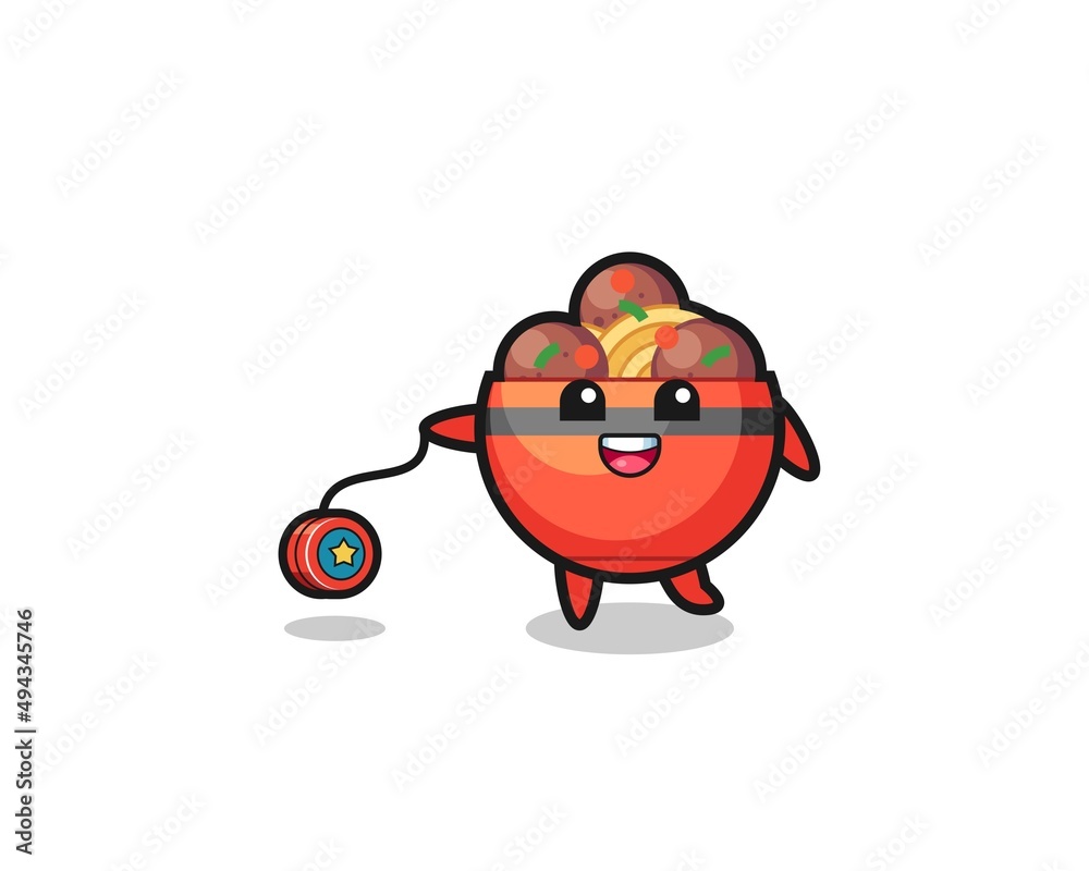 cartoon of cute meatball bowl playing a yoyo