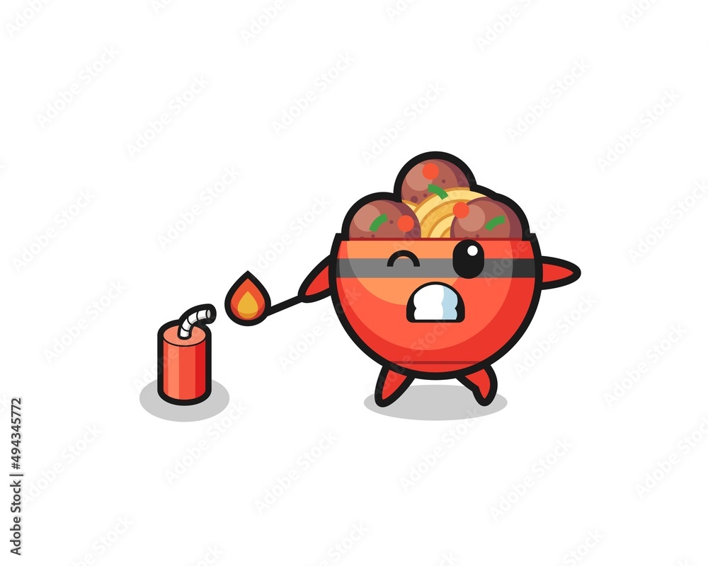 meatball bowl mascot illustration playing firecracker
