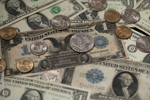 One Dollar banknote and Coins. US Dollar currency. Historic money banknotes