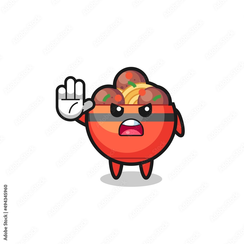meatball bowl character doing stop gesture