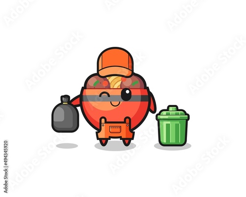 the mascot of cute meatball bowl as garbage collector