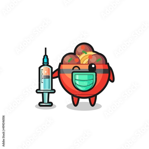 meatball bowl mascot as vaccinator