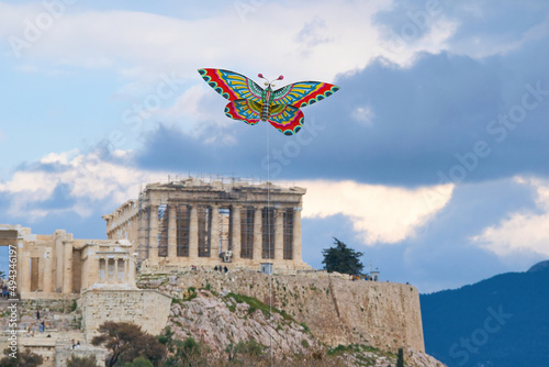 kite over the Acropolis of Athens, a clear Monday custom. Greece Athens March 6, 2022 photo